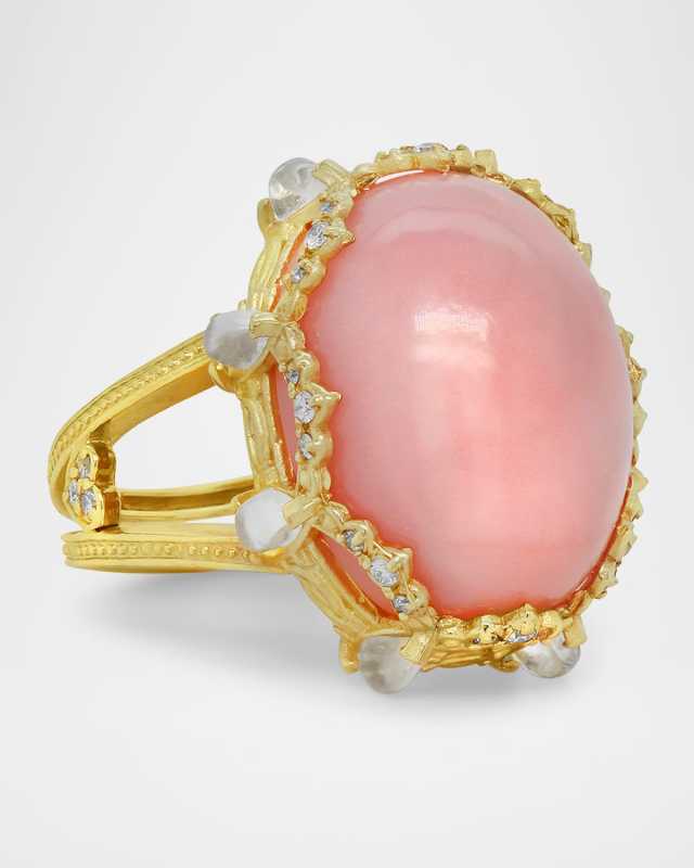 18K Yellow Gold Ring with Peruvian Opal, Rainbow Moonstones and Diamonds, Size 6.5